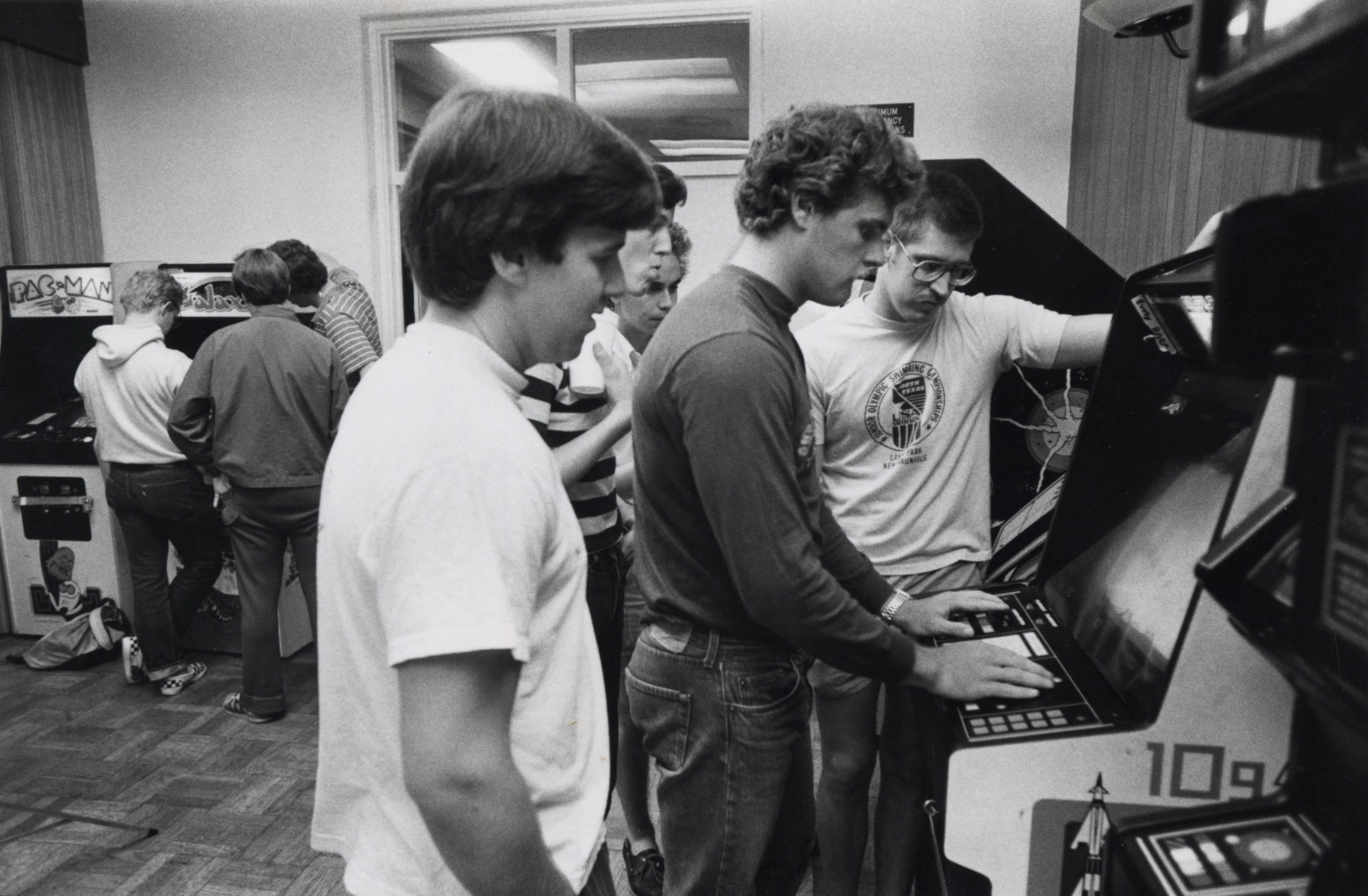 Students in an arcade, Claremont McKenna College in Claremont, CA, 1983 